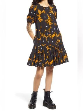 Nordstrom Cristina Martinez Print Drop Waist Dress Black Vine Poppies Floral 3X